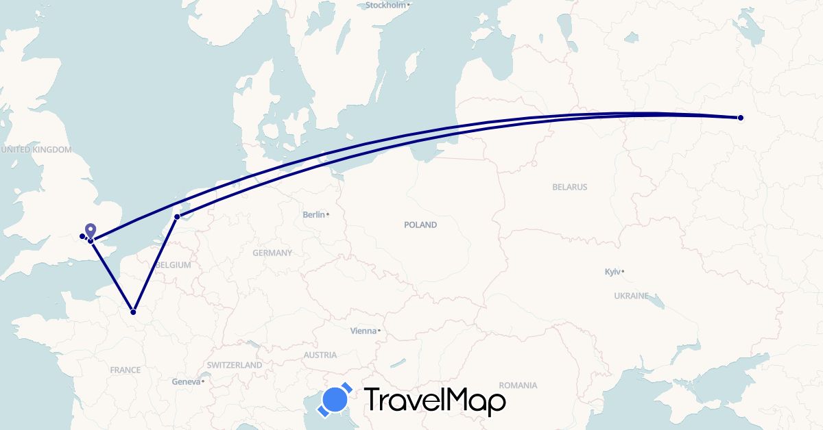 TravelMap itinerary: driving in France, United Kingdom, Netherlands, Russia (Europe)